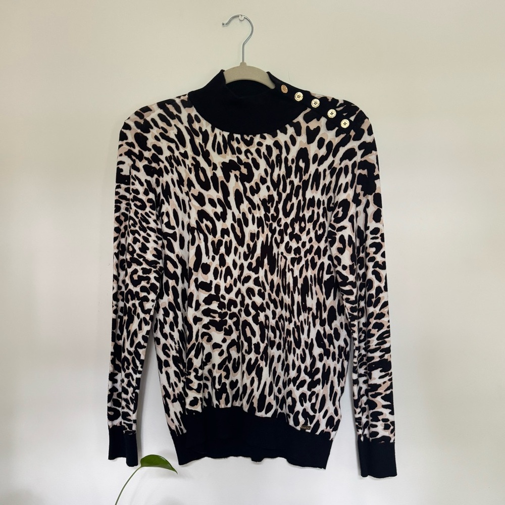 Womans Calvin Klein Black Beige Leopard Print Pullover Mock Neck Sweater